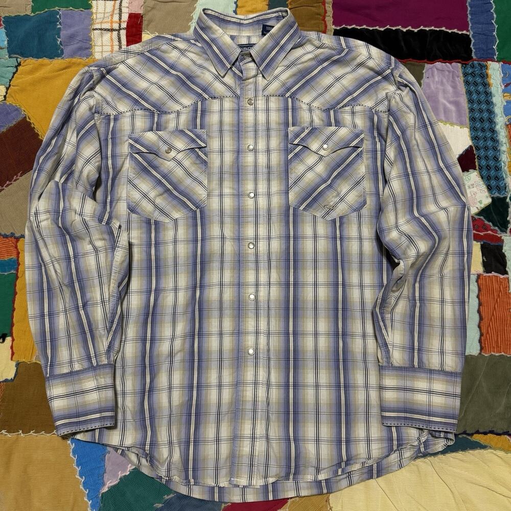 Vintage Roper Blue/White 2 Pocket Long Sleeve Pearl Snap Large